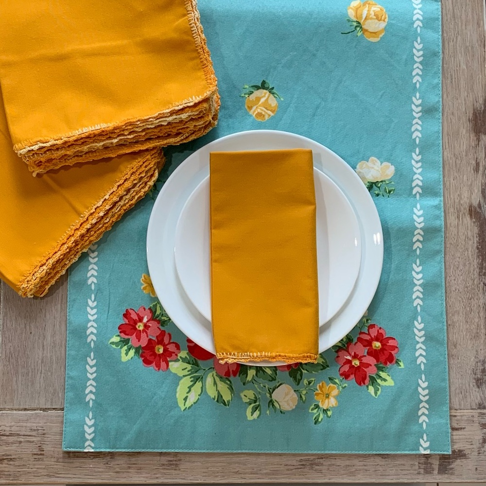 Set of 8 Vintage 70’s Orange Napkins With Ombré  Embroidered Trim